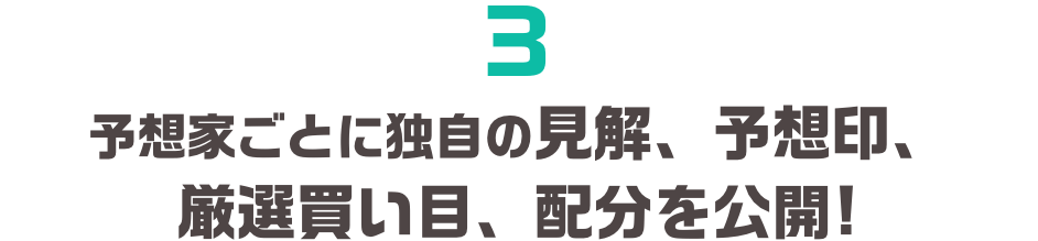 3.予想家ごとに独自の見解、予想印、厳選買い目、配分を公開!